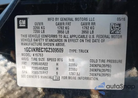 2016 Chevrolet Silverado 1500 2Lt from USA, damaged, VIN 1GCVKREC7GZ309509